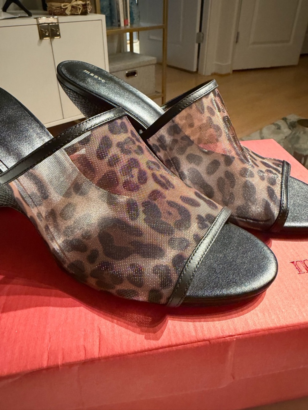 Anthropologie Maeve Black Leopard Mesh Wedge Slides
